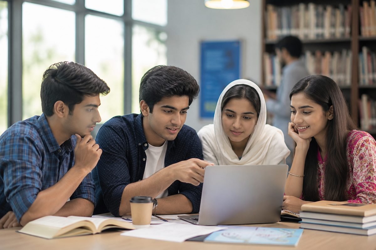 Pakistani students researching careers together on a laptop in a library